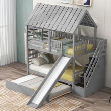 Load image into Gallery viewer, Twin over Twin House Bunk Bed with Trundle and Slide, Storage Staircase, Roof and Window Design, Gray(Old SKU: GX000931AAE)
