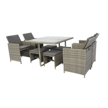 Load image into Gallery viewer, 9 Pieces Patio Dining Sets Outdoor Space Saving Rattan Chairs with Glass Table Patio Furniture Sets Cushioned Seating and Back Sectional Conversation Set Grey Wicker + Grey Cushion
