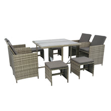 Load image into Gallery viewer, 9 Pieces Patio Dining Sets Outdoor Space Saving Rattan Chairs with Glass Table Patio Furniture Sets Cushioned Seating and Back Sectional Conversation Set Grey Wicker + Grey Cushion
