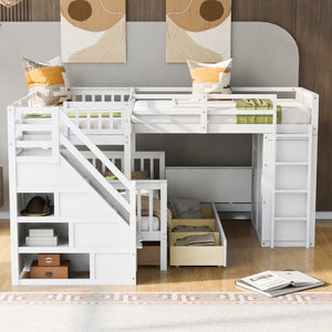 Twin-Twin over Full L-Shaped Bunk Bed With 3 Drawers, Portable Desk and Wardrobe, White