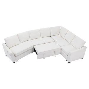 129.5" Sectional Sleeper Sofa with Pull-Out Bed Modern L-Shape Couch Bed with USB Charging Port for Living room, Bedroom, Beige