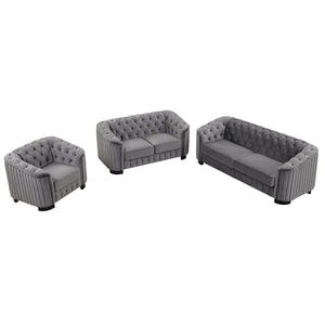 Modern 3-Piece Sofa Sets with Rubber Wood Legs,Velvet Upholstered Couches Sets Including Three Seat Sofa, Loveseat and Single Chair for Living Room Furniture Set,Gray