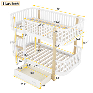 Wood Twin over Twin Bunk Bed with Fence Guardrail and a Big Drawer, White