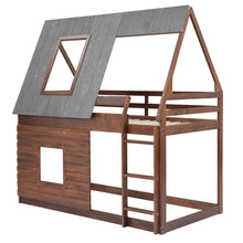 Load image into Gallery viewer, Wood Twin Size House Bunk Bed with Roof, Ladder and 2 Windows, Oak &amp; Smoky Grey
