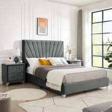 Load image into Gallery viewer, B108 Queen bed with two nightstands, Beautiful line stripe cushion headboard , strong wooden slats + metal legs with Electroplate
