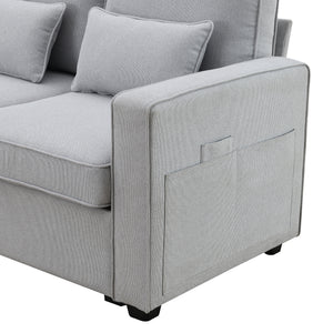 [VIDEO provided] [New] 114.2" Upholstered Sofa with Console, 2 Cupholders and 2 USB Ports Wired or Wirelessly Charged, Modern Linen Fabric Couches with 4 Pillows for Living Room, Apartment (4-Seat)