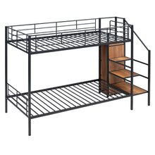 Load image into Gallery viewer, Twin Over Twin Metal Bunk Bed with Lateral Storage Ladder and Wardrobe, Black
