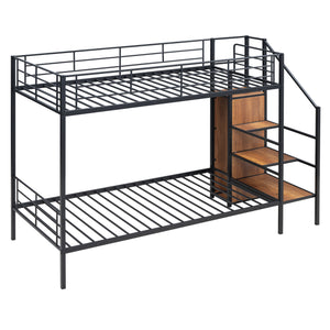 Twin Over Twin Metal Bunk Bed with Lateral Storage Ladder and Wardrobe, Black