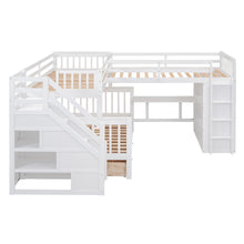 Load image into Gallery viewer, Twin-Twin over Full L-Shaped Bunk Bed With 3 Drawers, Portable Desk and Wardrobe, White
