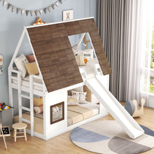 Load image into Gallery viewer, Wood Twin Size House Bunk Bed with Roof, Ladder and Slide, White+Brown
