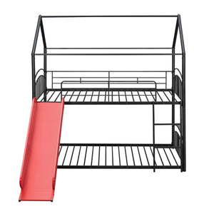 Twin Over Twin Metal Bunk Bed With Slide,Kids House Bed Black+Red