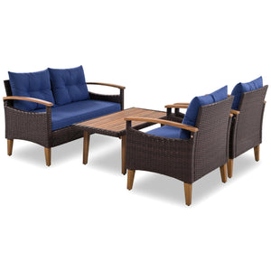 GO 4-Piece Garden Furniture,  Patio Seating Set, PE Rattan Outdoor Sofa Set, Wood Table and Legs, Brown and Blue