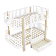 Load image into Gallery viewer, Wood Twin over Twin Bunk Bed with Fence Guardrail and a Big Drawer, White
