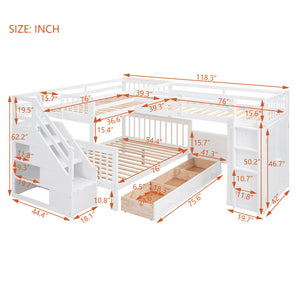 Twin-Twin over Full L-Shaped Bunk Bed With 3 Drawers, Portable Desk and Wardrobe, White