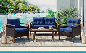 GO 4-Piece Garden Furniture,  Patio Seating Set, PE Rattan Outdoor Sofa Set, Wood Table and Legs, Brown and Blue