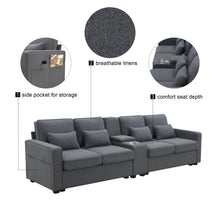 Load image into Gallery viewer, [VIDEO provided] [New] 114.2&quot; Upholstered Sofa with Console, 2 Cupholders and 2 USB Ports Wired or Wirelessly Charged, Modern Linen Fabric Couches with 4 Pillows for Living Room, Apartment (4-Seat)
