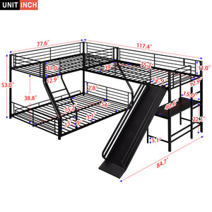 L-Shaped Twin over Full Bunk Bed with Twin Size Loft Bed,Built-in Desk and Slide,Black