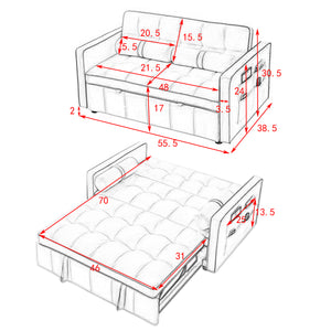 Modern 55.5" Pull Out Sleep Sofa Bed 2 Seater Loveseats Sofa Couch with side pockets, Adjsutable Backrest and Lumbar Pillows for Apartment Office Living Room