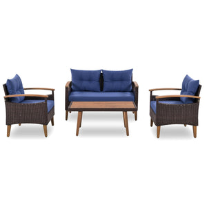 GO 4-Piece Garden Furniture,  Patio Seating Set, PE Rattan Outdoor Sofa Set, Wood Table and Legs, Brown and Blue