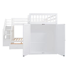 Load image into Gallery viewer, Twin-Twin over Full L-Shaped Bunk Bed With 3 Drawers, Portable Desk and Wardrobe, White
