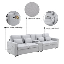 Load image into Gallery viewer, [VIDEO provided] [New] 114.2&quot; Upholstered Sofa with Console, 2 Cupholders and 2 USB Ports Wired or Wirelessly Charged, Modern Linen Fabric Couches with 4 Pillows for Living Room, Apartment (4-Seat)
