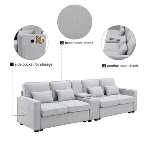 [VIDEO provided] [New] 114.2" Upholstered Sofa with Console, 2 Cupholders and 2 USB Ports Wired or Wirelessly Charged, Modern Linen Fabric Couches with 4 Pillows for Living Room, Apartment (4-Seat)