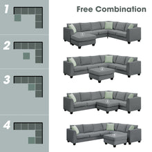 Load image into Gallery viewer, [VIDEO provided] 112*87&quot; Sectional Sofa Couches Living Room Sets, 7 Seats Modular Sectional Sofa with Ottoman, L Shape Fabric Sofa Corner Couch Set with 3 Pillows, Grey(New of GS008210AAG)
