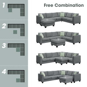 [VIDEO provided] 112*87" Sectional Sofa Couches Living Room Sets, 7 Seats Modular Sectional Sofa with Ottoman, L Shape Fabric Sofa Corner Couch Set with 3 Pillows, Grey(New of GS008210AAG)