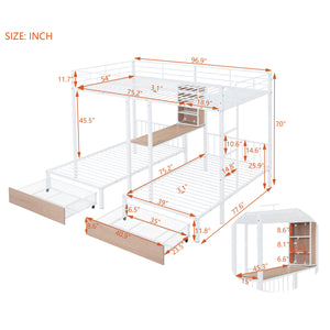 Full Over Twin & Twin Triple Bunk Bed with Drawers, Multi-functional Metal Frame Bed with desks and shelves in the middle, White