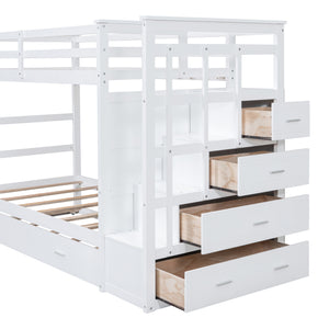 Twin Over Twin Bunk Bed with Trundle and Staircase,White(OLD SKU:LT000068AAK)