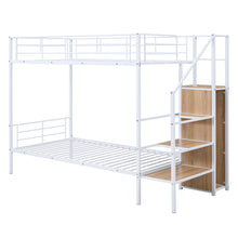 Load image into Gallery viewer, Twin Over Twin Metal Bunk Bed with Lateral Storage Ladder and Wardrobe, White
