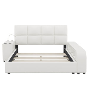 Queen Size Upholstered Platform Bed with Multimedia Nightstand and Storage Shelves, White