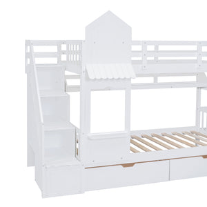 Twin-Over-Twin Castle Style Bunk Bed with 2 Drawers 3 Shelves and Slide - White