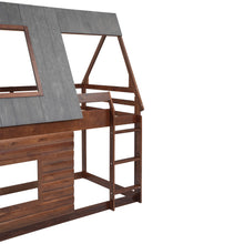 Load image into Gallery viewer, Wood Twin Size House Bunk Bed with Roof, Ladder and 2 Windows, Oak &amp; Smoky Grey
