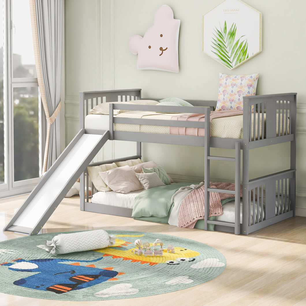 Twin Over Twin Bunk Bed with Slide and Ladder, Gray (Old SKU：LP000108AAE)