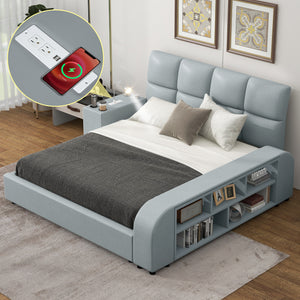 Queen Size Upholstered Platform Bed with Multimedia Nightstand and Storage Shelves, Gray