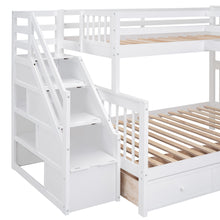 Load image into Gallery viewer, Twin-Twin over Full L-Shaped Bunk Bed With 3 Drawers, Portable Desk and Wardrobe, White
