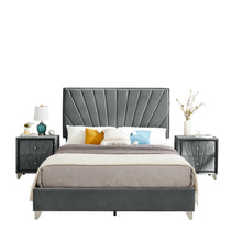 Load image into Gallery viewer, B108 Queen bed with two nightstands, Beautiful line stripe cushion headboard , strong wooden slats + metal legs with Electroplate
