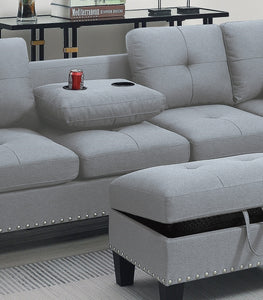 Living Room Furniture 3-PCS Sectional Sofa Set LAF Sofa RAF Chaise And Storage Ottoman Cup Holder Taupe Grey Color Linen-Like Fabric Couch