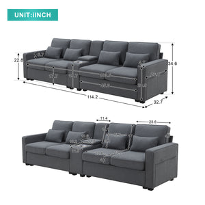 [VIDEO provided] [New] 114.2" Upholstered Sofa with Console, 2 Cupholders and 2 USB Ports Wired or Wirelessly Charged, Modern Linen Fabric Couches with 4 Pillows for Living Room, Apartment (4-Seat)