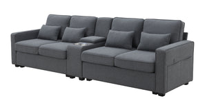 [VIDEO provided] [New] 114.2" Upholstered Sofa with Console, 2 Cupholders and 2 USB Ports Wired or Wirelessly Charged, Modern Linen Fabric Couches with 4 Pillows for Living Room, Apartment (4-Seat)