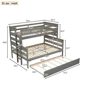 Wood Twin over Full Bunk Bed with Twin Size Trundle, Gray