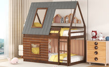 Load image into Gallery viewer, Wood Twin Size House Bunk Bed with Roof, Ladder and 2 Windows, Oak &amp; Smoky Grey
