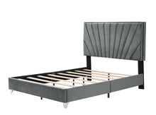 Load image into Gallery viewer, B108 Queen bed with two nightstands, Beautiful line stripe cushion headboard , strong wooden slats + metal legs with Electroplate
