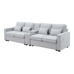 [VIDEO provided] [New] 114.2" Upholstered Sofa with Console, 2 Cupholders and 2 USB Ports Wired or Wirelessly Charged, Modern Linen Fabric Couches with 4 Pillows for Living Room, Apartment (4-Seat)