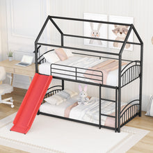 Load image into Gallery viewer, Twin Over Twin Metal Bunk Bed With Slide,Kids House Bed Black+Red
