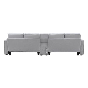 [VIDEO provided] [New] 114.2" Upholstered Sofa with Console, 2 Cupholders and 2 USB Ports Wired or Wirelessly Charged, Modern Linen Fabric Couches with 4 Pillows for Living Room, Apartment (4-Seat)