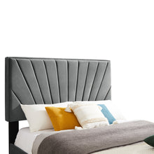 Load image into Gallery viewer, B108 Queen bed with two nightstands, Beautiful line stripe cushion headboard , strong wooden slats + metal legs with Electroplate
