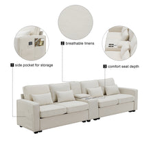 Load image into Gallery viewer, [VIDEO provided] [New] 114.2&quot; Upholstered Sofa with Console, 2 Cupholders and 2 USB Ports Wired or Wirelessly Charged, Modern Linen Fabric Couches with 4 Pillows for Living Room, Apartment (4-Seat)
