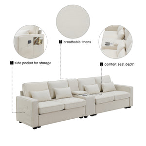 [VIDEO provided] [New] 114.2" Upholstered Sofa with Console, 2 Cupholders and 2 USB Ports Wired or Wirelessly Charged, Modern Linen Fabric Couches with 4 Pillows for Living Room, Apartment (4-Seat)